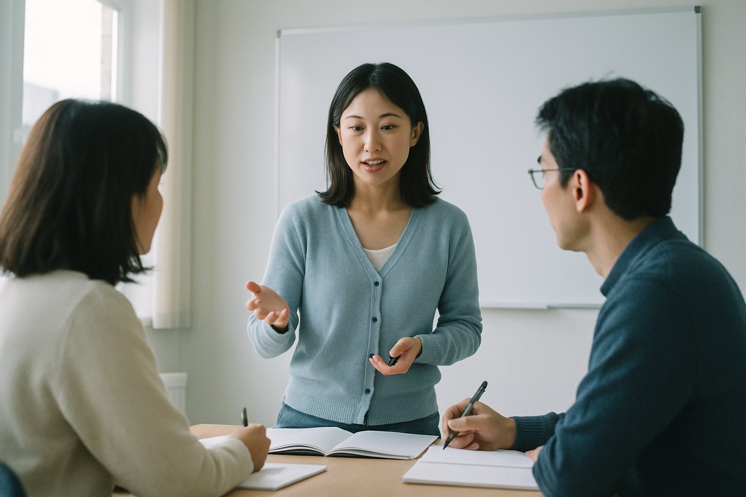 Consultor educacional discutindo necessidades de curso com aluno